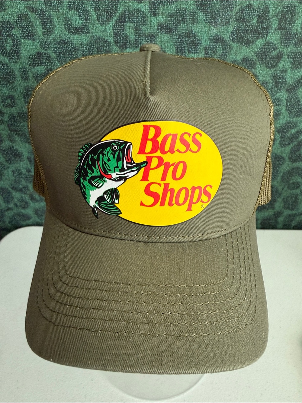 Bass Pro Shops Olive Brown Hat with Yellow Logo and Green Fish